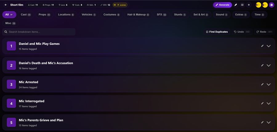 PREP Script Breakdown interface with scene elements
